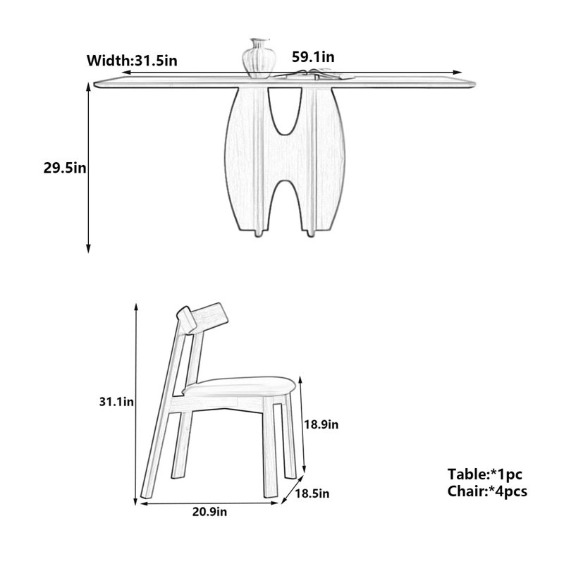 Matte Rock Slab Dining Table - Solid Wood Frame, 29.5"H x 59.1"L x 31.5"W