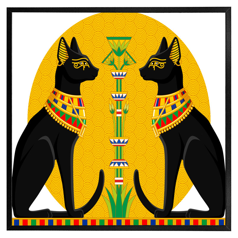 Lundergan Illustration Of Black Egyptian Cats With Papyrus - Single Picture Frame Print, Black Framed
