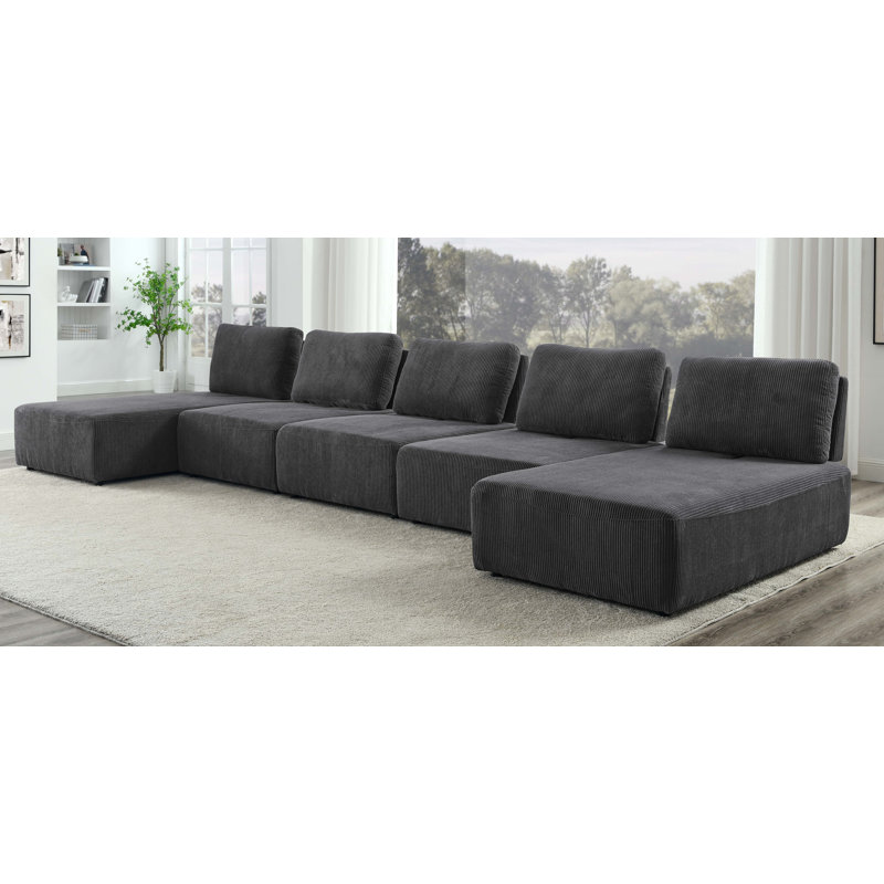 Corduroy U-Shaped Sectional Symmetrical, Dark Gray Corduroy, 35.5" H x 195" W x 66.5" D