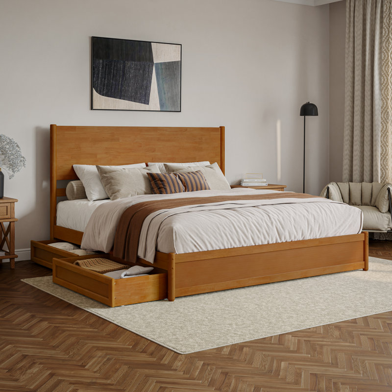 Ronan Wood Platform Bed with Footboard and Storage Drawers, Light Toffee, King