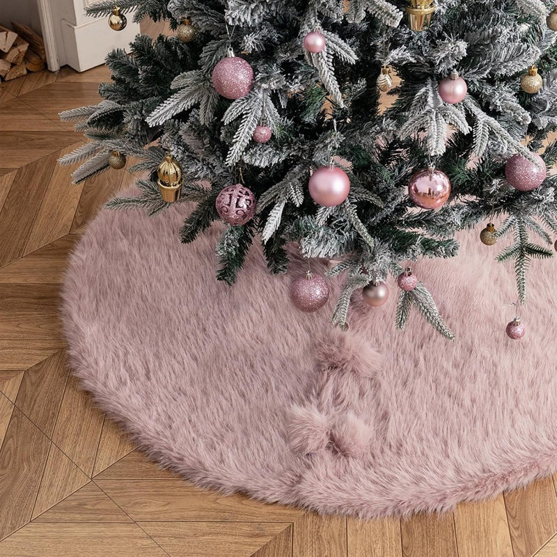 Jupe de sapin de Noël en fausse fourrure rose, housse de pied de sapin luxueuse et moelleuse pour la décoration des fêtes et la décoration festive de la maison