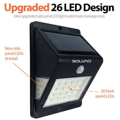 SOLVAO Détecteur de mouvement solaire (amélioré) - 26 lumières DEL Dusk To Dawn d'extérieur pour la maison, la remise, le poulailler et le véhicule récréatif - Lumières solaires les plus brillantes pour une utilisation extérieure - Lumière de s
