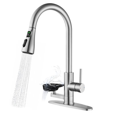 Single Hole Temperature Digital Display Kitchen Faucet With Pull Out Sprayer Single Handle Kitchen Sink Faucet Stainless Steel Kitchen Basin Taps With Glass Rinser