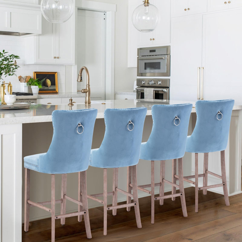 Modern Velvet Upholstered Bar Stools, Sky Blue