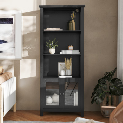 Modern Farmhouse Wooden Bookcase and Storage Cabinet with Tempered Glass Doors and 3 Upper Shelves by Red Barrel Studio