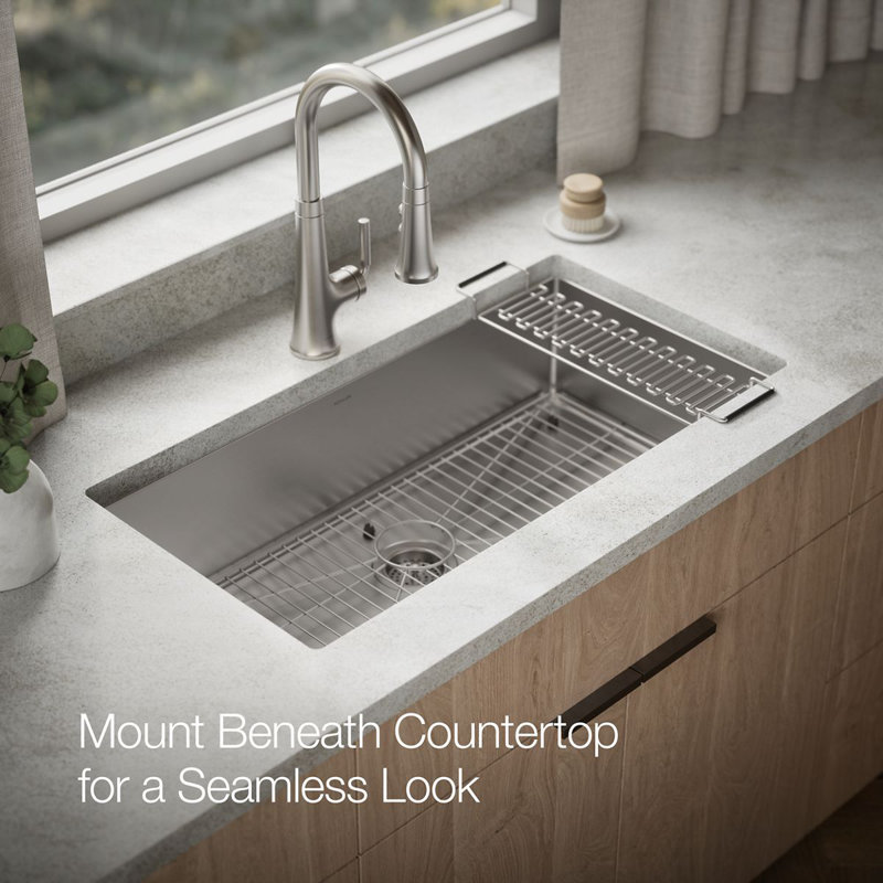 Strive 35" L x 18-5/16" W x 9-5/16" Under-Mount Extra-Large Single Bowl Kitchen Sink with Basin Rack