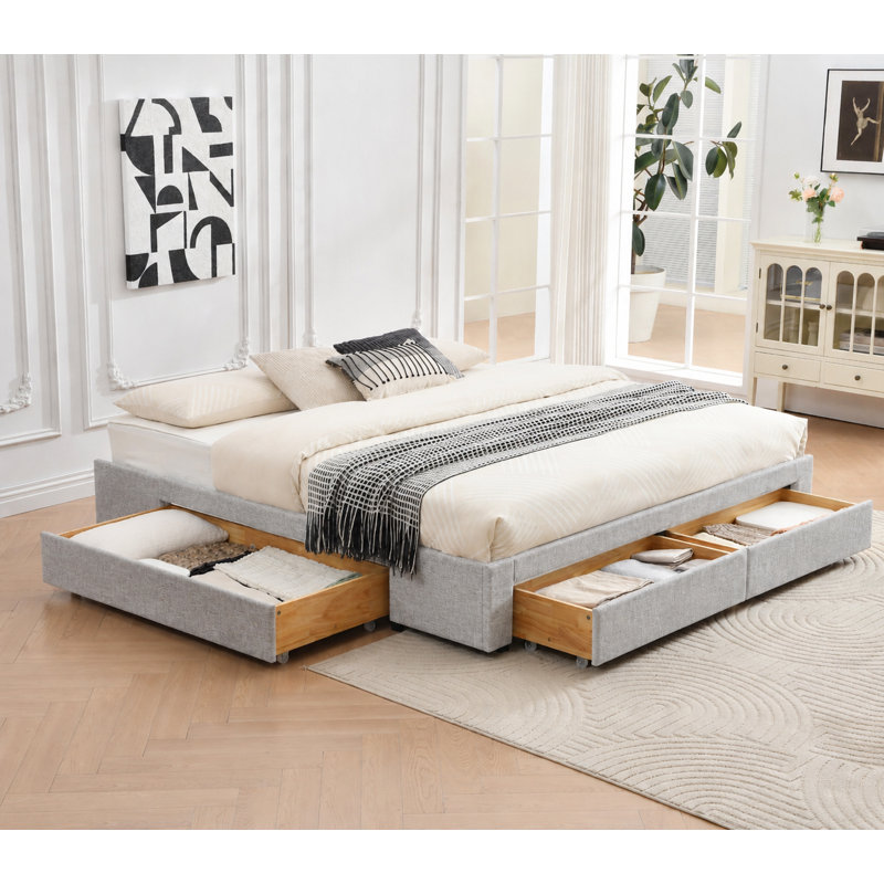 4 Drawer Upholstered  Platform Storage Bed, King, Gray