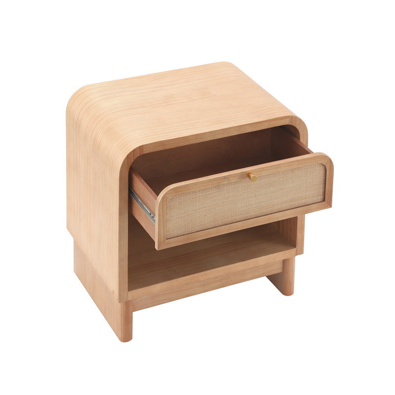Table de chevet minimaliste en bois courbé avec rangement ouvert Maharis, Naturel