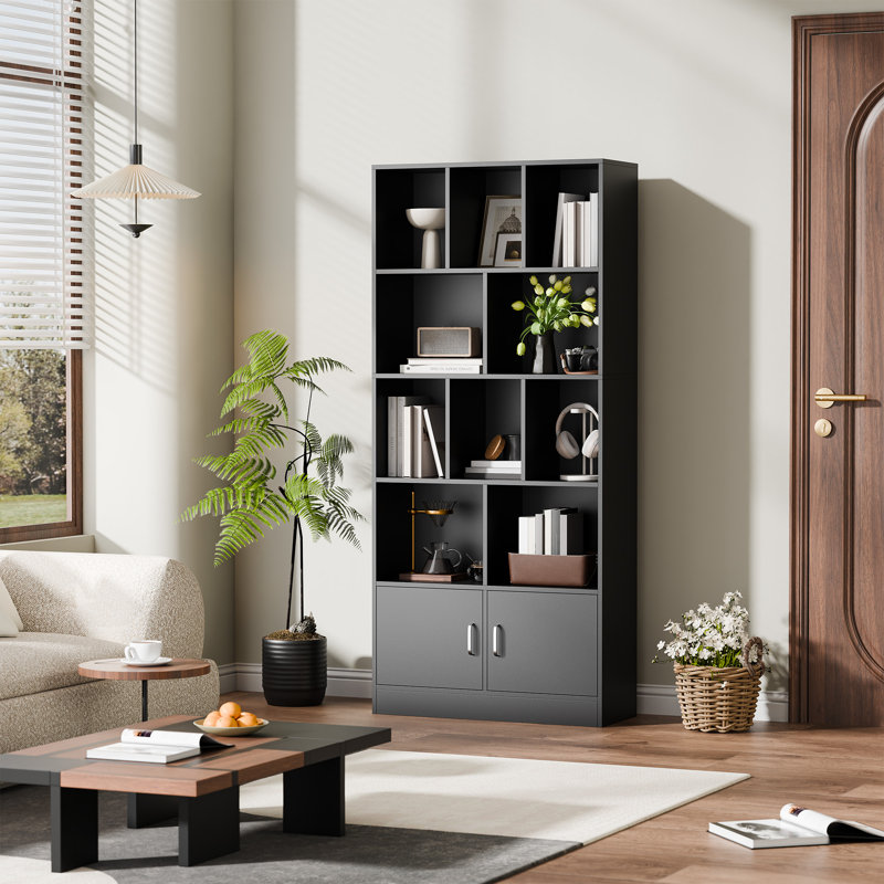 Achnas 70" H x 31" W Storage Bookcase with 10 Cubes and 2 Doors, Black