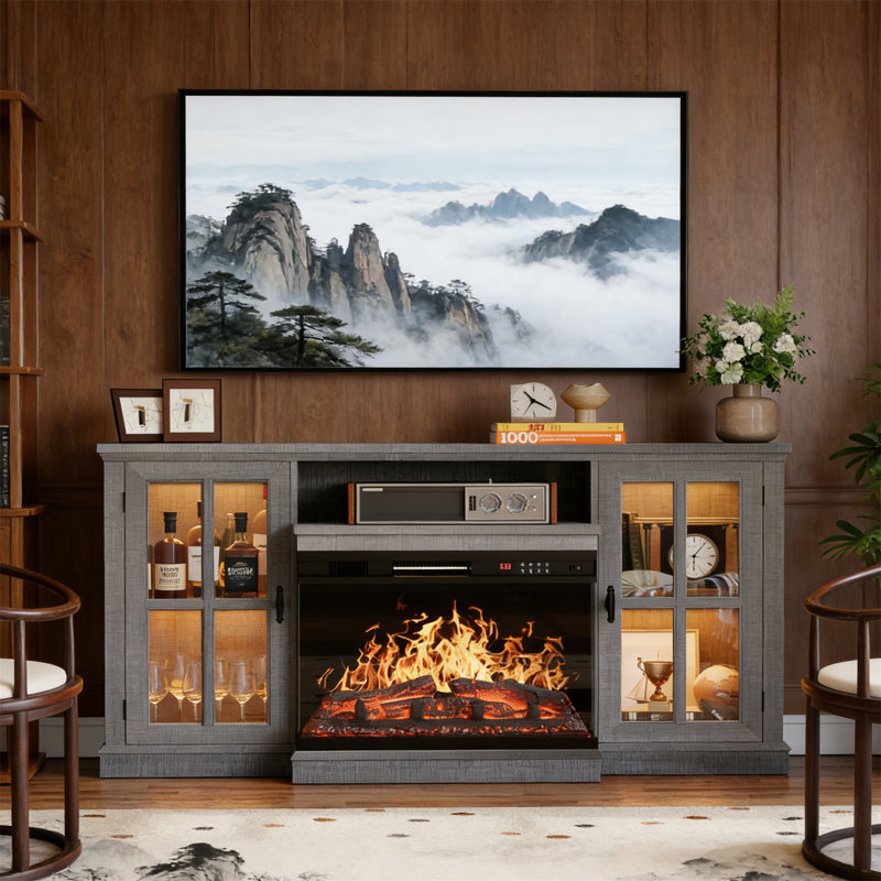 Glass Fireplace TV Stand, Suitable For Tvs Up To 65 Inches, Media Entertainment Center Console Table With LED Lights, Gray