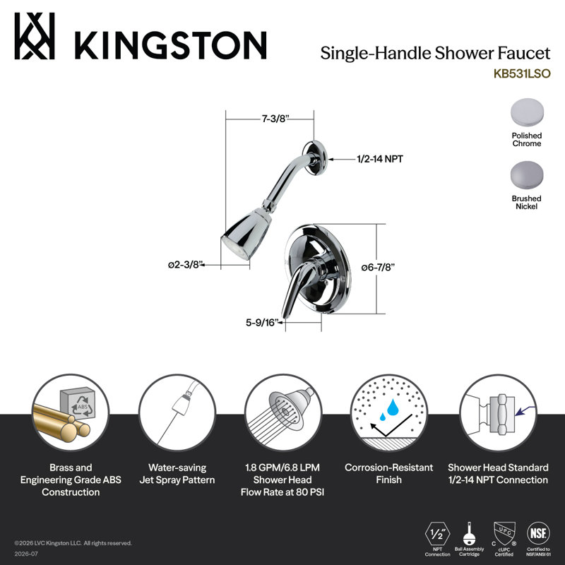 Kingston Brass Single-Handle Shower Faucet, Brushed Nickel
