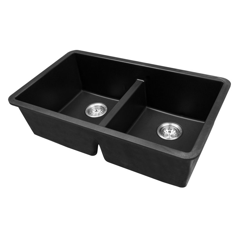 33 in. x 19 in. Quartz Undermount 50/50 Double Bowl Kitchen Sink, Black