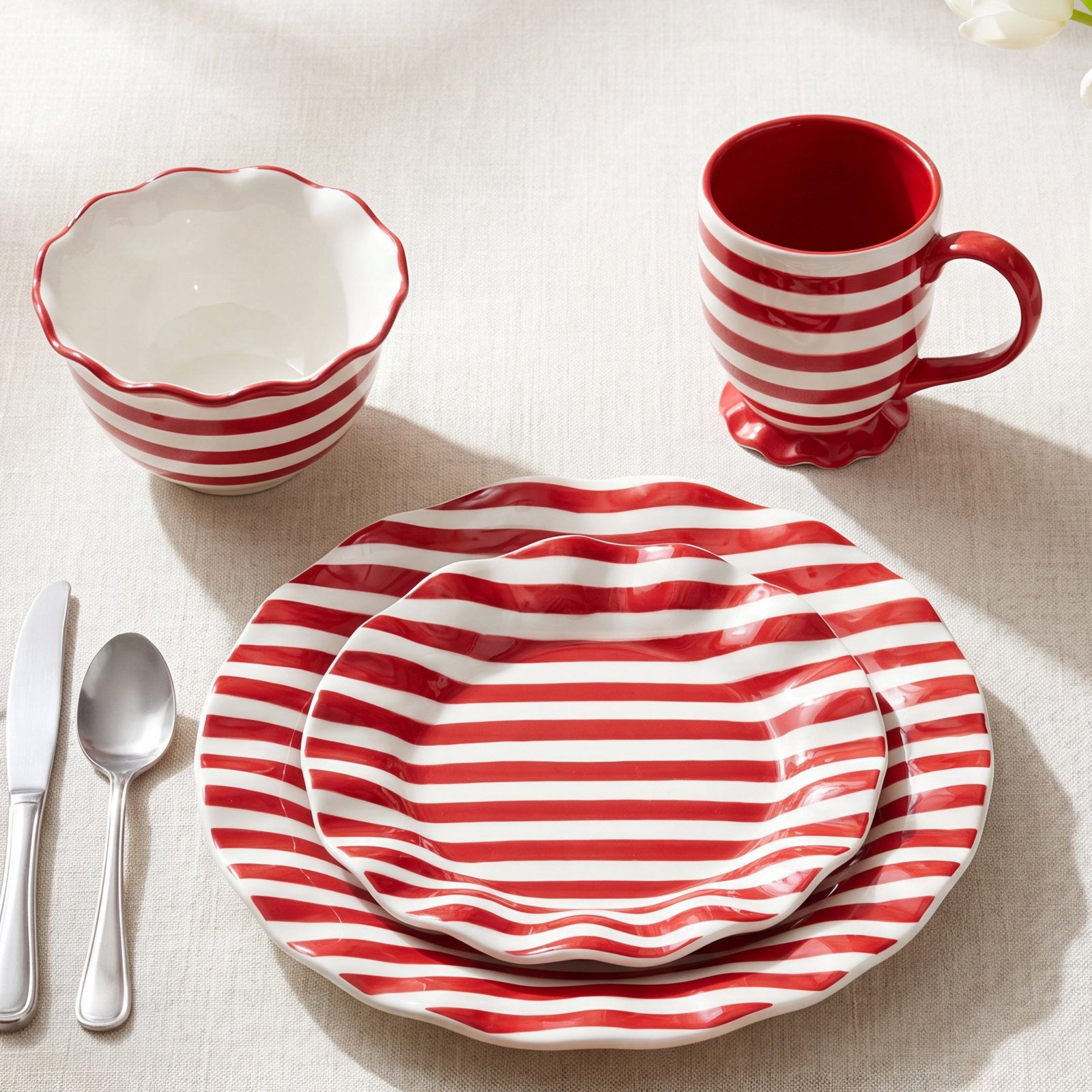 Red Stripe Ruffle Dinnerware Set