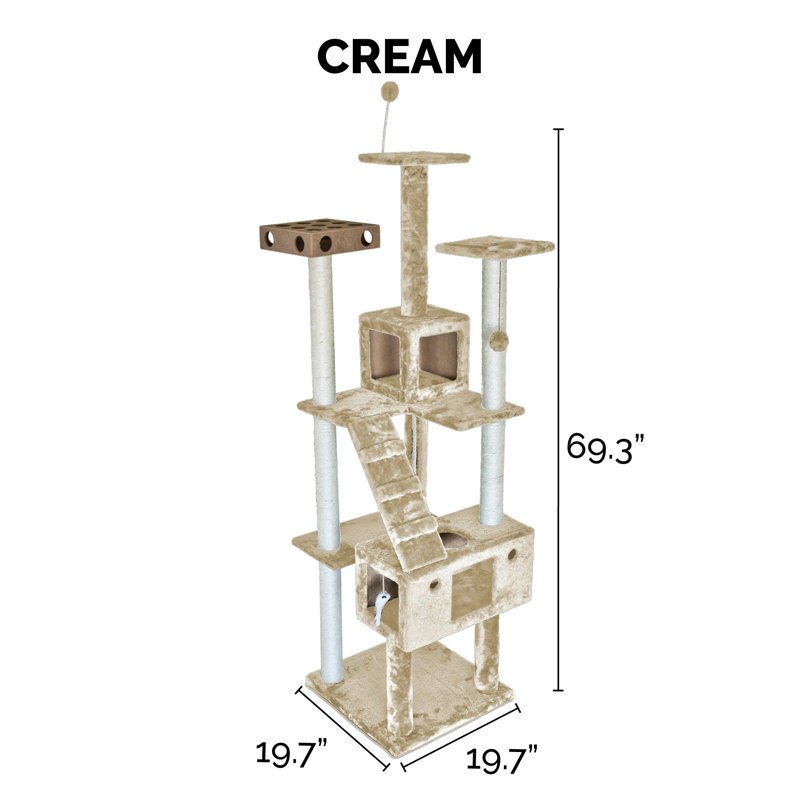 Cream Sisal Tall Cat Tree with Multiple Levels and Toys