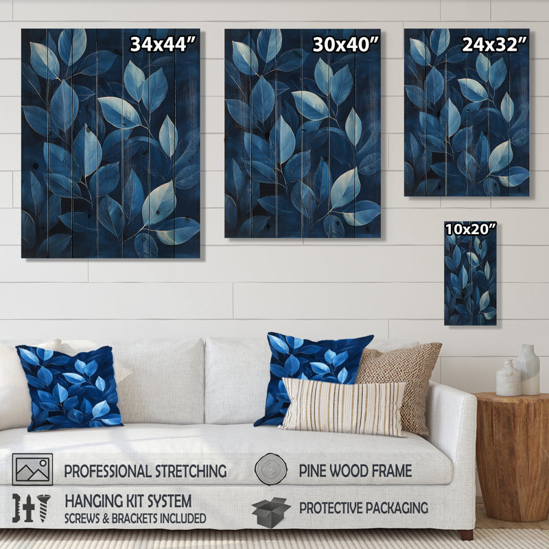 Échos de la forêt bleu marine, plancher I - impression sur bois de feuilles - sur bois de pin naturel, H 44 po x l 34 po 
