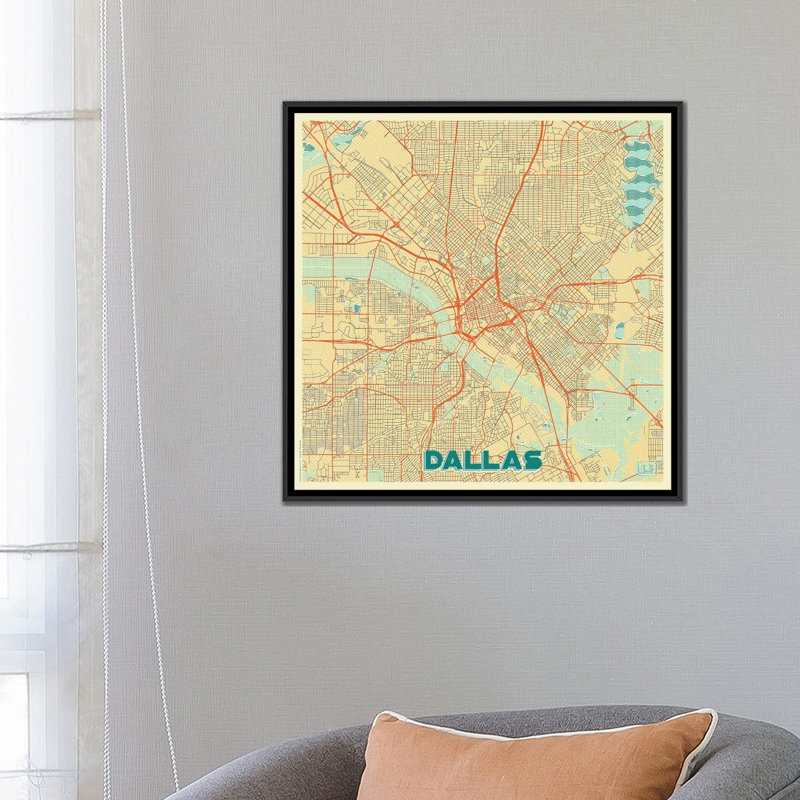 « dallas rétro urban blueprint map », impression sur toile, H 18 po x l 18 po x P 1,5 po, Toile avec cadre noir, Pas de tapis