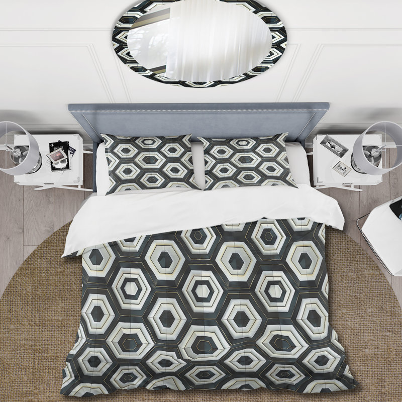 Ensemble de housse de couette noir et blanc Hexagon V - Mid-Century, Housse de couette très grand + 2 taies décorativ