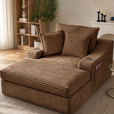 Oversized 67" Indoor Chaise Lounge, Upholstered Sleeper Sofa Bed with Cup Holders & 3 Pillows for Living Room