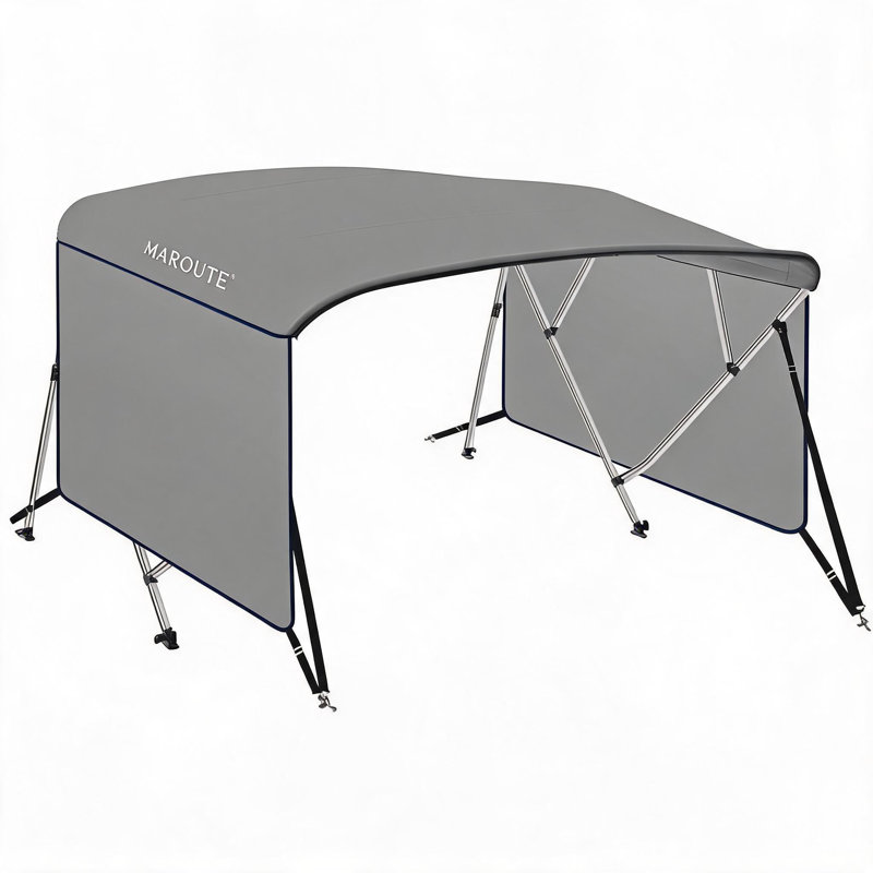 Bimini Enjyam Marine 4 arceaux pour bateaux - Toile enduite PU, armature en aluminium de 2,5 cm, 2 barres de support arrière réglables, 2 sangles, housse de rangement zippée, gris pâle, 2,44 m (L) x 1,37 m (H) x 2,31-2,44 m (l)