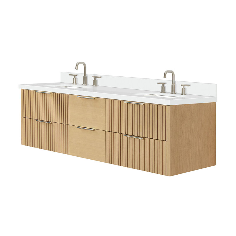 Meuble-lavabo mural double rectangulaire 73 po avec comptoir en quartz blanc pur 1,5 po Mulloy, Rectangulaire, Chêne naturel