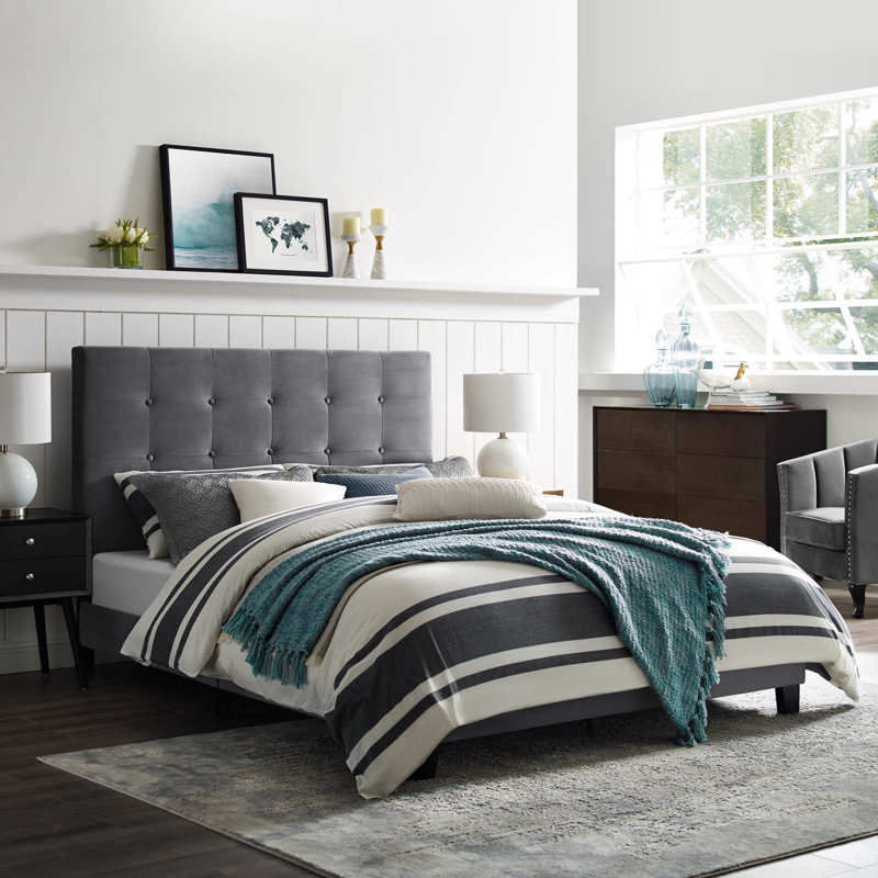 Modway Melanie Tufted Button Upholstered Performance Velvet Platform Bed, Gray, Queen