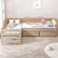 Lit plateforme simple en forme de L avec trois tiroirs de rangement, naturel