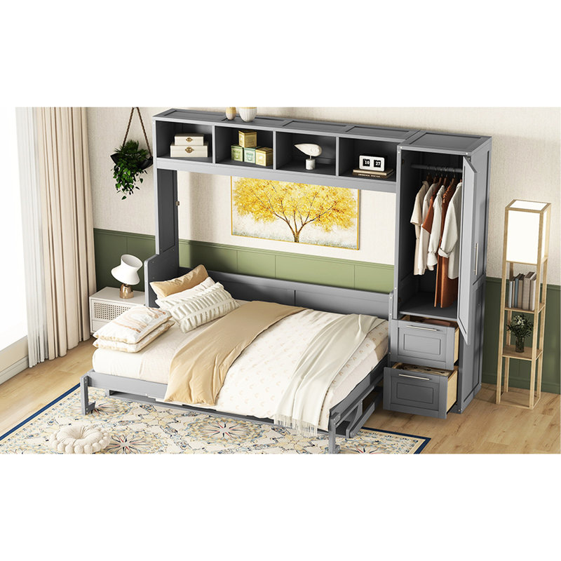 Grand lit gris pour une chambre à coucher soignée et élégante avec des combinaisons de tiroirs de garde-robe -