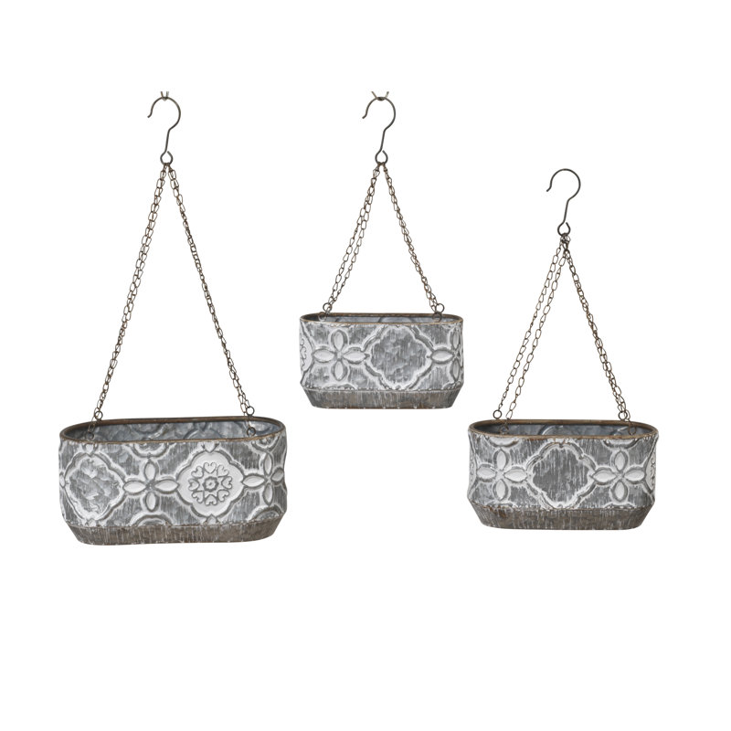 Set of 3 Nesting Hanging Metal Planters – 13.75-Inch Vintage-Style Oval Garden Planters with Decorative Embossed Medallions