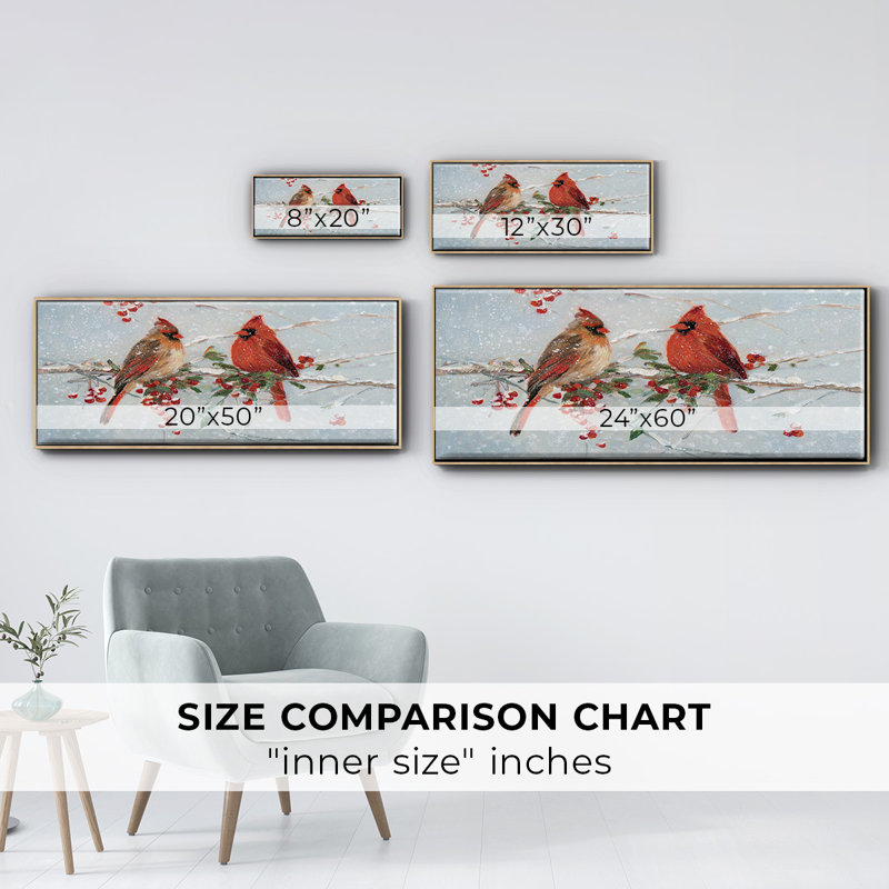 Cardinals in Winter- Framed Canvas, H 12 po x l 30 po
