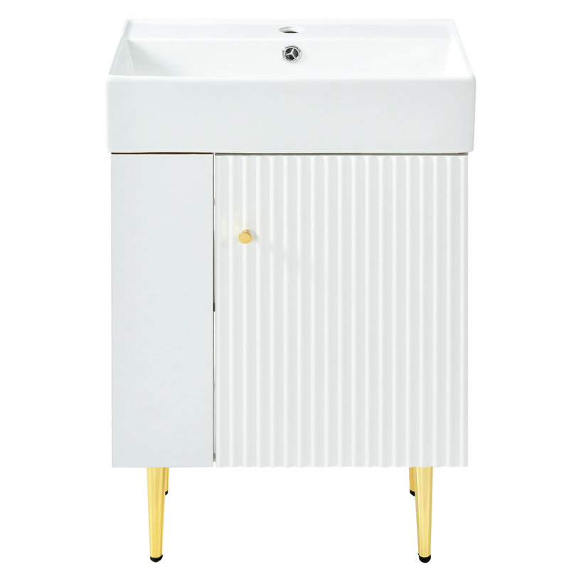 Meuble-lavabo de 21,6 po en blanc, lavabo en céramique, armoire de rangement à gauche, porte à fermeture en douceur pour une ambiance paisible, rangement abondant, design moderne - lavabo et fermeture en douceur