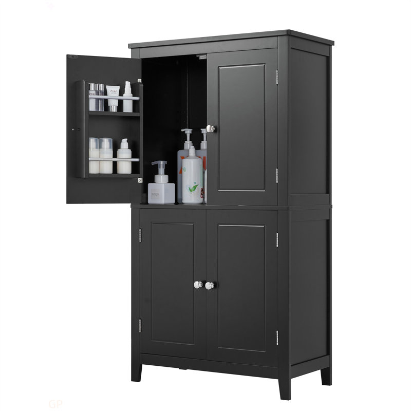 Armoire de rangement pour salle de bain élégante, unité de rangement pour salle de bain, armoire autoportante avec 4 portes, tablettes réglables, tablettes adaptables, noir