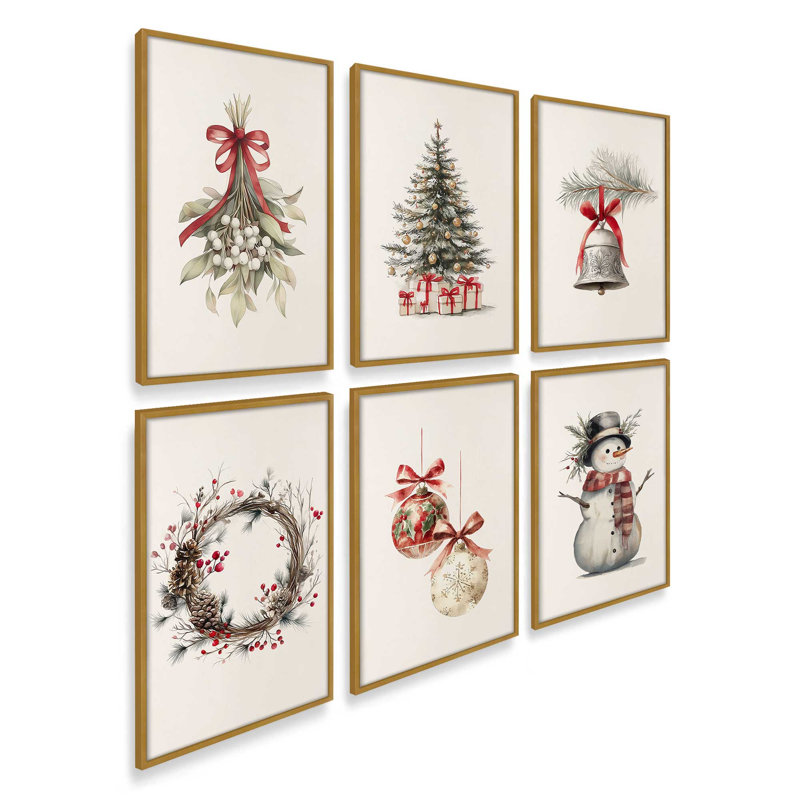 Ensemble de 6 estampes Yuletide Treasures, H 11,5 po x l 57 po, Or poli