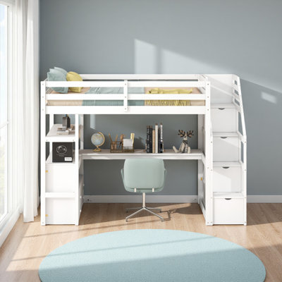 Lit mezzanine simple avec bureau et tablettes, deux tiroirs intégrés, escalier de rangement