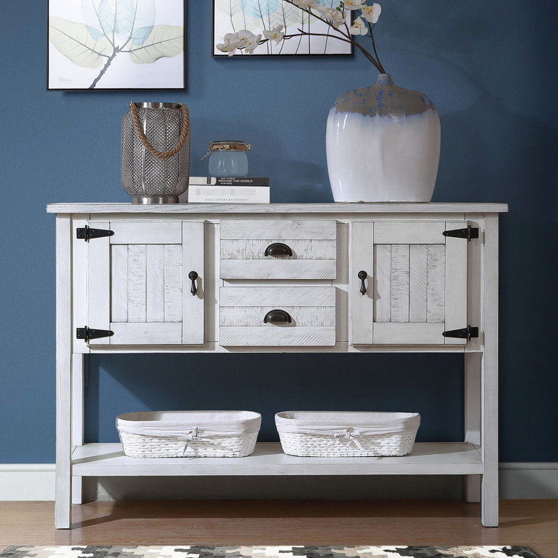 48'' Solid Wood Table, Retro Look For Living Area - Antique White Cabinet, 2 Drawers And Shelf 48'',, Antique White