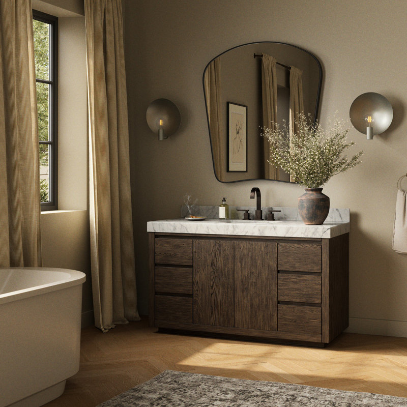 Everett Single Wide Vanity-Satin Light Wash Oak, Satin Espresso Oak
