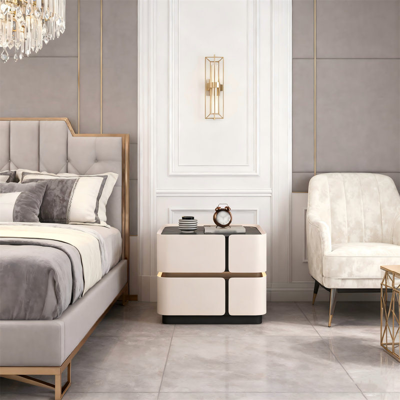 Solid Wood Nightstand With 2 Drawers, Modern Leather-wrapped Bedside Table, Compact Storage For Bedroom