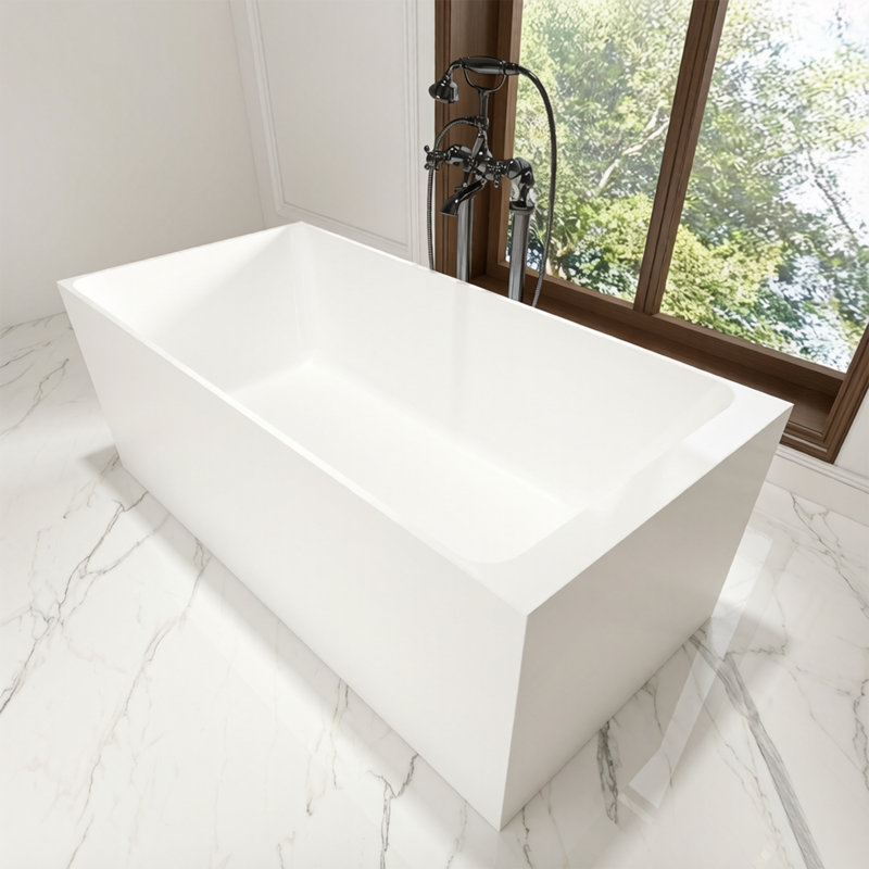 59" Freestanding Solid Surface Soaking Bathtub Thick Backrest Rectangle Tub In White