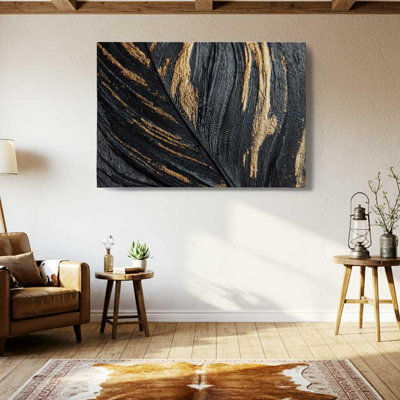 Black and Gold Feather Wall Art, Abstract Macro Leaf Canvas - Modern Glam Decor, Luxury Texture Print for Living Room, Dark Elegant Painting
