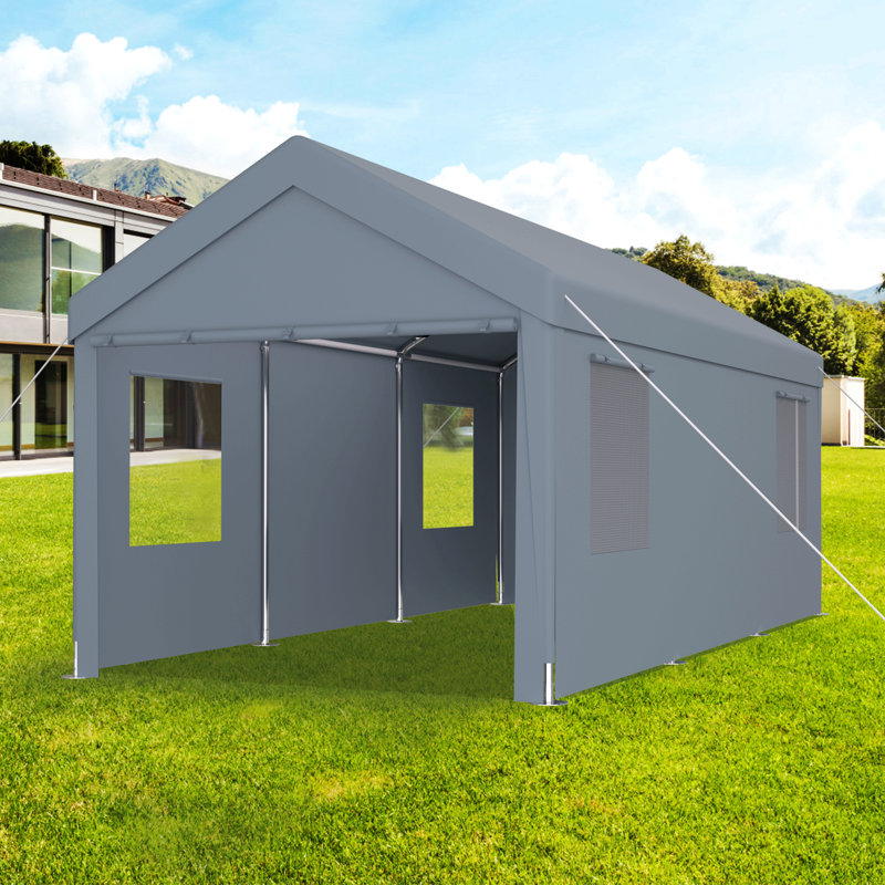 Carport 10' X 20' Portable Garage, Heavy Duty Car Port Canopy With 2 Roll-Up Doors & 4 Ventilated Windows For Car, Truck, Boat, Garden Tools