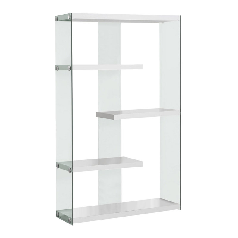 Bibliothèque, bibliothèque, étagère, 5 niveaux, H 60 po, bureau, chambre à coucher, stratifié blanc brillant, verre trempé transparent, contemporain, moderne (bibliothèque)