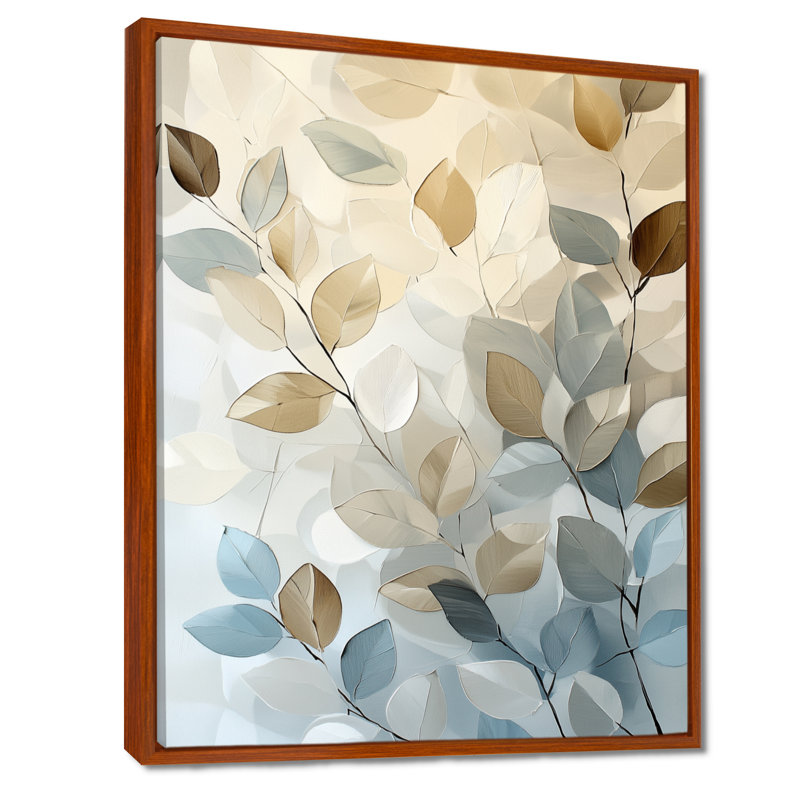 Feuilles et branches murmurantes - Tableau botanique encadré bleu, H 32 po x l 16 po, Cadre flottant brun