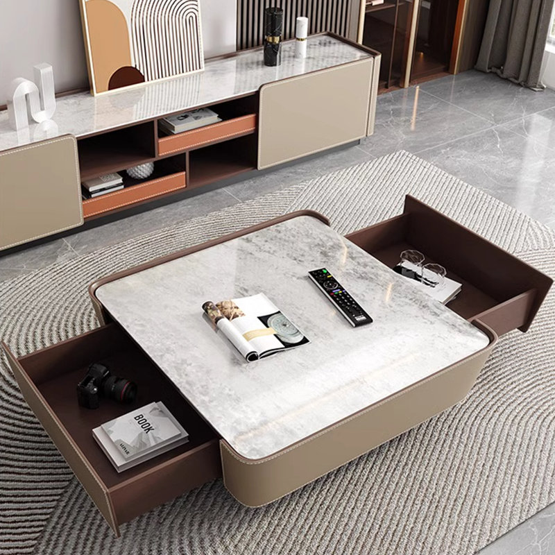 Table à thé de style luxueux en cuir Rock, H 13,8 po x L 31,5 po x l 31,5 po