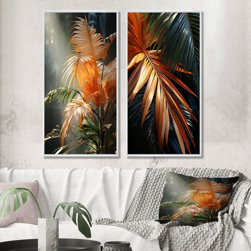 Swaying Palms Serenade - Ensemble de 2 impressions sur toile de palmiers et palmiers, Cadre flottant blanc, H 28 po x l 25 po