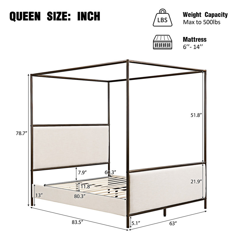 Canopy Bed Frame With Upholstered Headboard, Queen, Beige