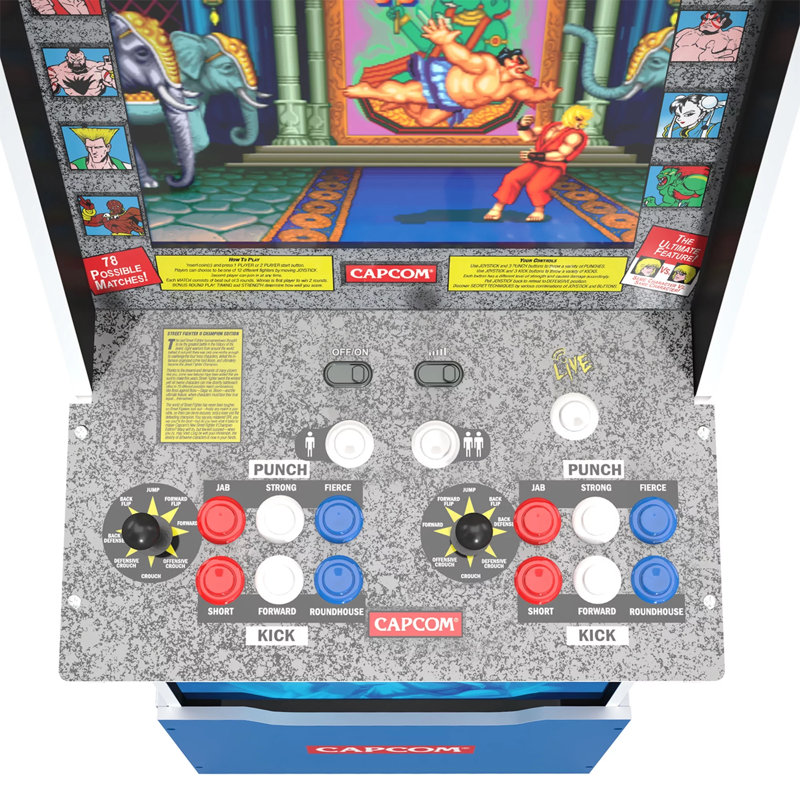 Street Fighter II Champion Edition Blue Arcade Machine with Riser and Stool