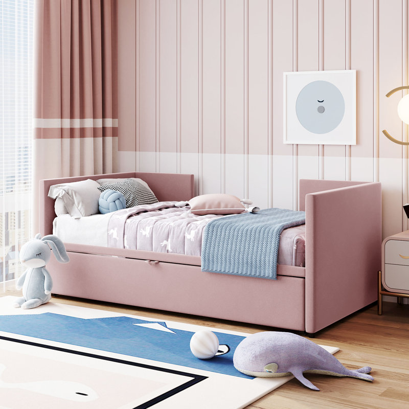 Twin Upholstered Daybed With Trundle, Pink