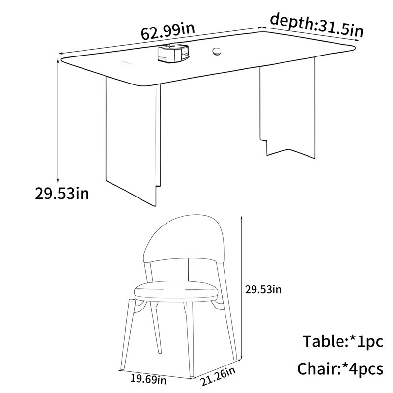 Declan, 29.53" H x 62.99" W x 31.5" D, 5 Pieces: Table, 4 Chairs