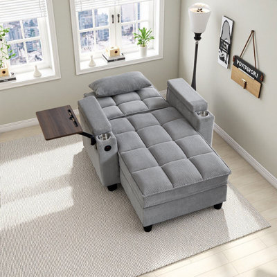 Lit convertible surdimensionné rembourré avec accoudoirs de rangement, port USB, table d'appoint et 1 coussin pour le salon