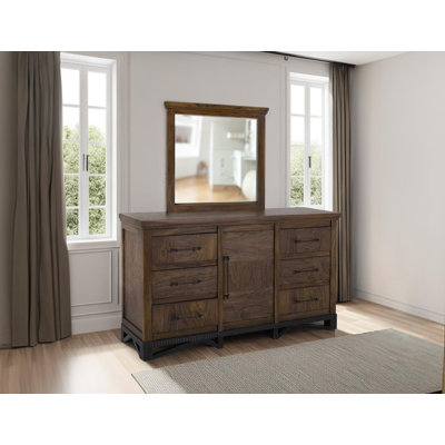 Commode en noyer à 6 tiroirs et 1 porte avec miroir