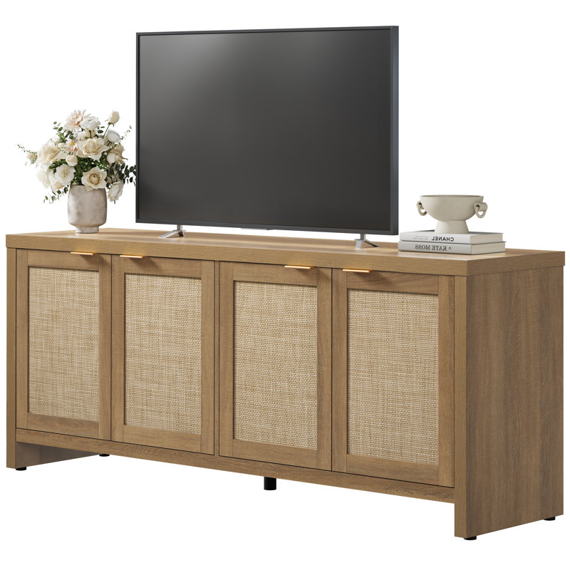Boho TV Stand With 4 Rattan Storage Cabinets,  Farmhouse TV Entertainment Center For Tvs Up To 65'', Brown